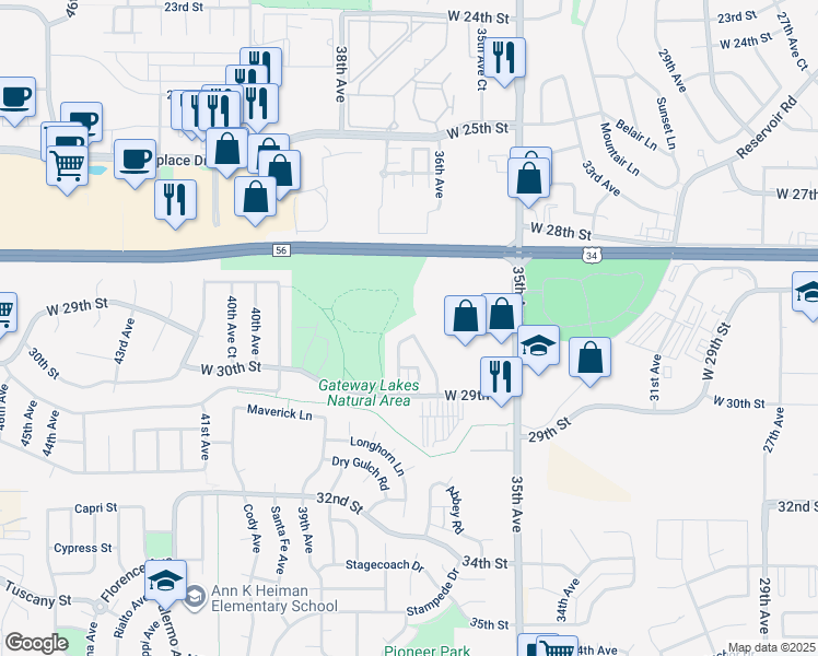 map of restaurants, bars, coffee shops, grocery stores, and more near 2815 28th Street Road in Greeley