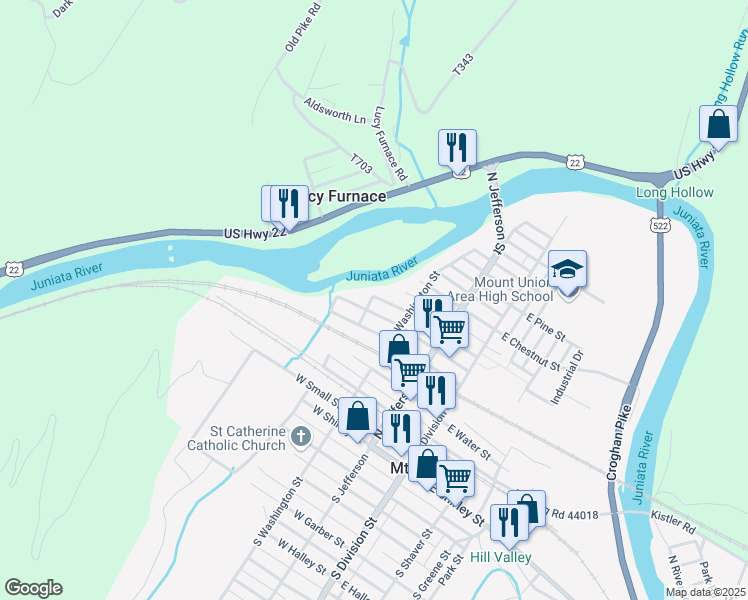 map of restaurants, bars, coffee shops, grocery stores, and more near 321 Lawrence Street in Mount Union