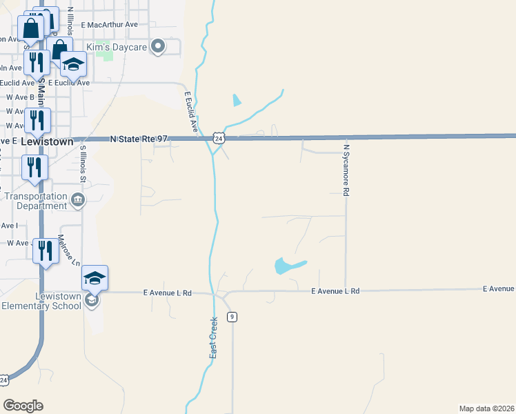 map of restaurants, bars, coffee shops, grocery stores, and more near 16135 East Lakeview Drive in Lewistown