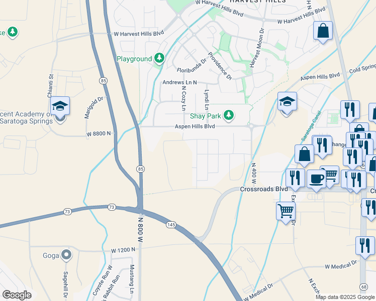 map of restaurants, bars, coffee shops, grocery stores, and more near 1538 North Cozy Lane in Saratoga Springs