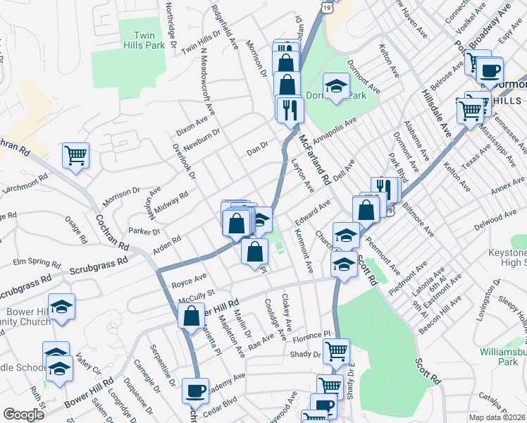 map of restaurants, bars, coffee shops, grocery stores, and more near 105 North Meadowcroft Avenue in Pittsburgh