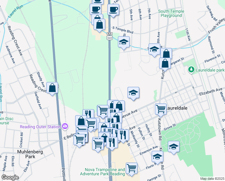 map of restaurants, bars, coffee shops, grocery stores, and more near 3540 West Kent Road in Reading