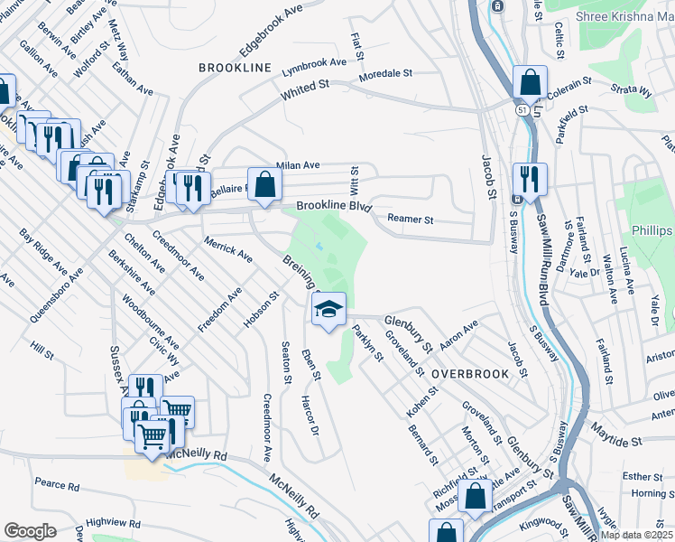 map of restaurants, bars, coffee shops, grocery stores, and more near 1399 Oakridge Street in Pittsburgh