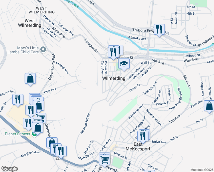 map of restaurants, bars, coffee shops, grocery stores, and more near in Wilmerding