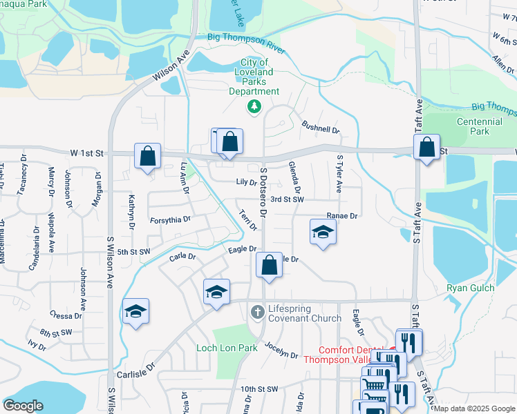 map of restaurants, bars, coffee shops, grocery stores, and more near 2126 3rd Street Southwest in Loveland