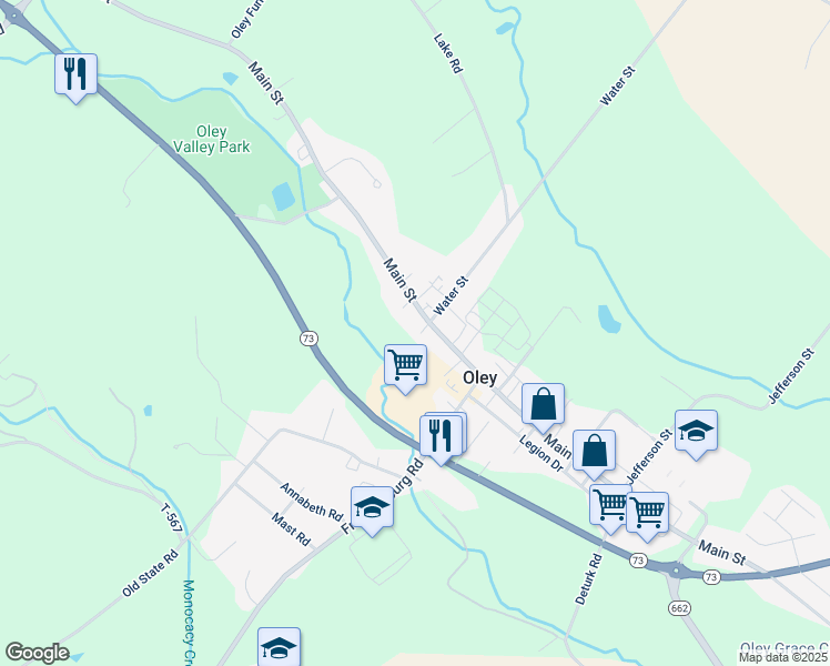 map of restaurants, bars, coffee shops, grocery stores, and more near 220 Main Street in Oley