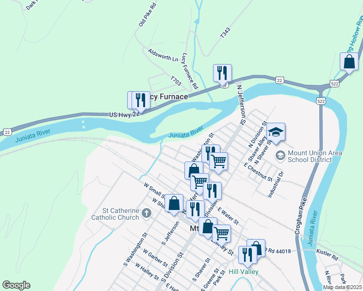 map of restaurants, bars, coffee shops, grocery stores, and more near 221 West Walnut Street in Mount Union