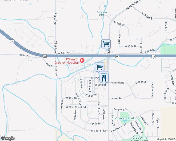 map of restaurants, bars, coffee shops, grocery stores, and more near 6767 West 29th Street in Greeley