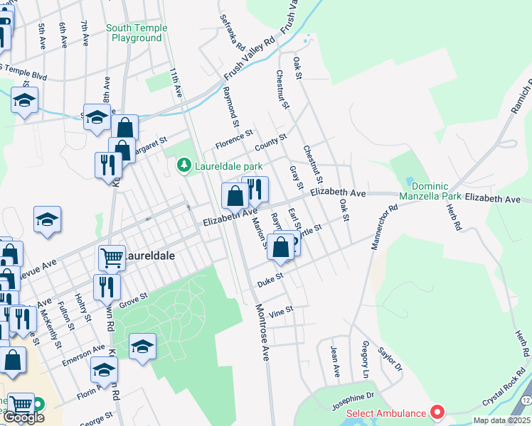 map of restaurants, bars, coffee shops, grocery stores, and more near 1701 Elizabeth Avenue in Laureldale