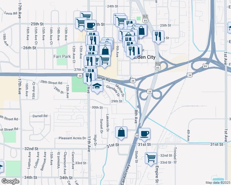 map of restaurants, bars, coffee shops, grocery stores, and more near 2925 Skyline Drive in Evans