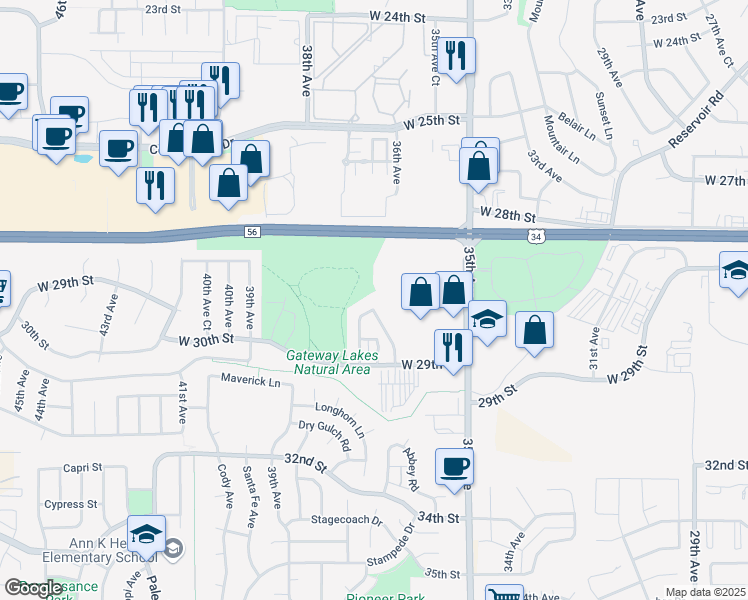 map of restaurants, bars, coffee shops, grocery stores, and more near 2815 28th Street Road in Greeley