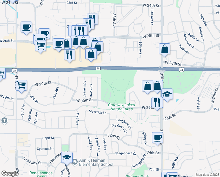 map of restaurants, bars, coffee shops, grocery stores, and more near 28th Street in Greeley