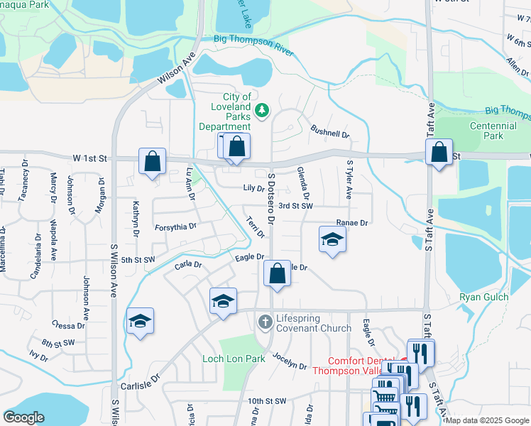 map of restaurants, bars, coffee shops, grocery stores, and more near 1855 3rd Street Southwest in Loveland
