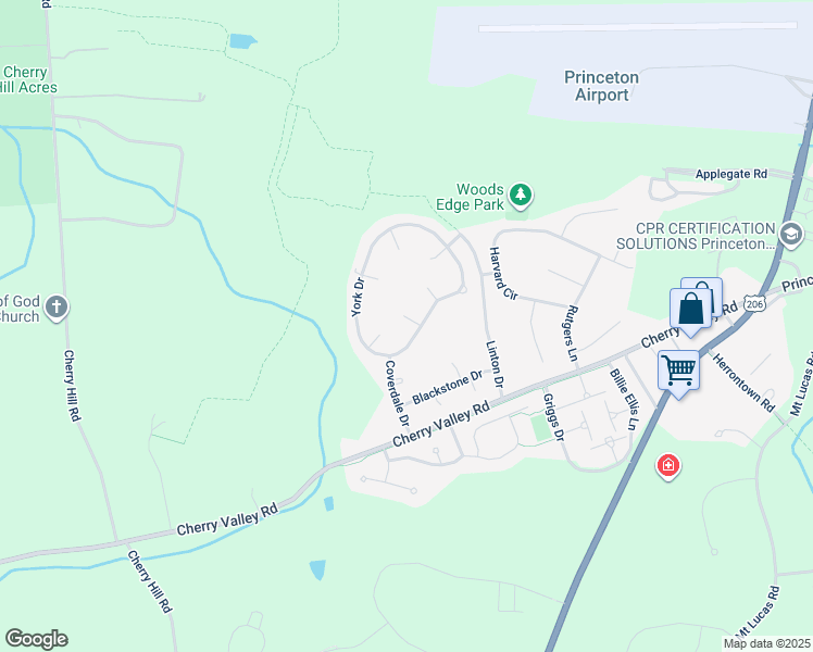 map of restaurants, bars, coffee shops, grocery stores, and more near 6 Harrogate Circle in Princeton