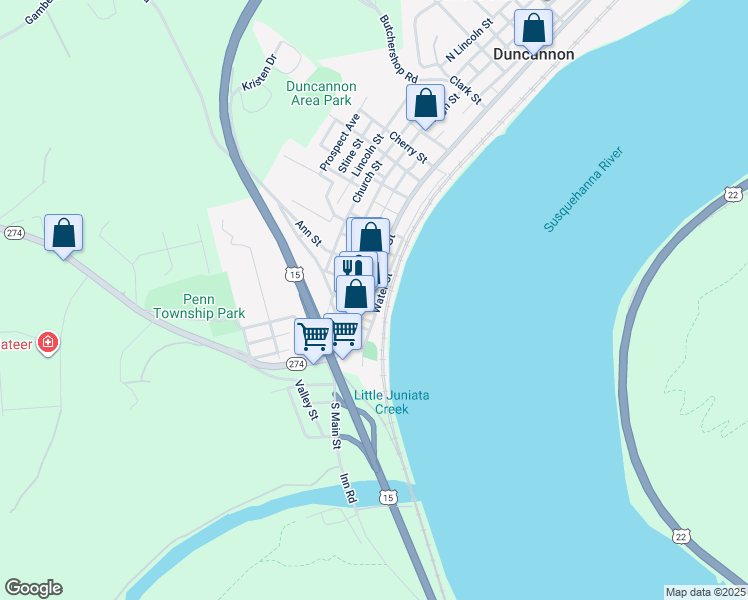 map of restaurants, bars, coffee shops, grocery stores, and more near 42 North Market Street in Duncannon
