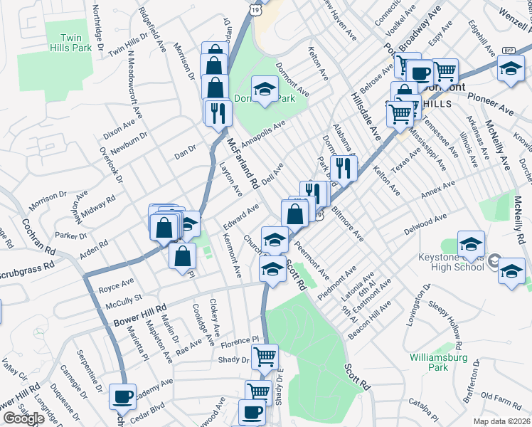 map of restaurants, bars, coffee shops, grocery stores, and more near 204 Edward Avenue in Pittsburgh