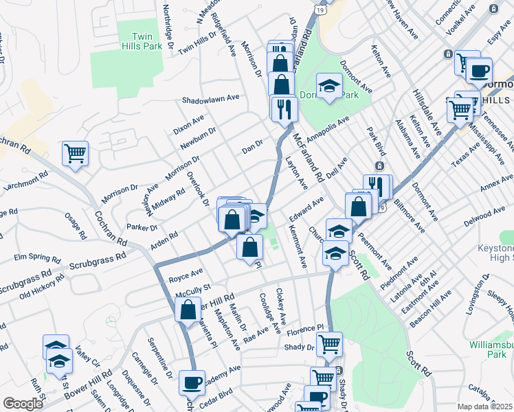 map of restaurants, bars, coffee shops, grocery stores, and more near 261 Arden Road in Pittsburgh