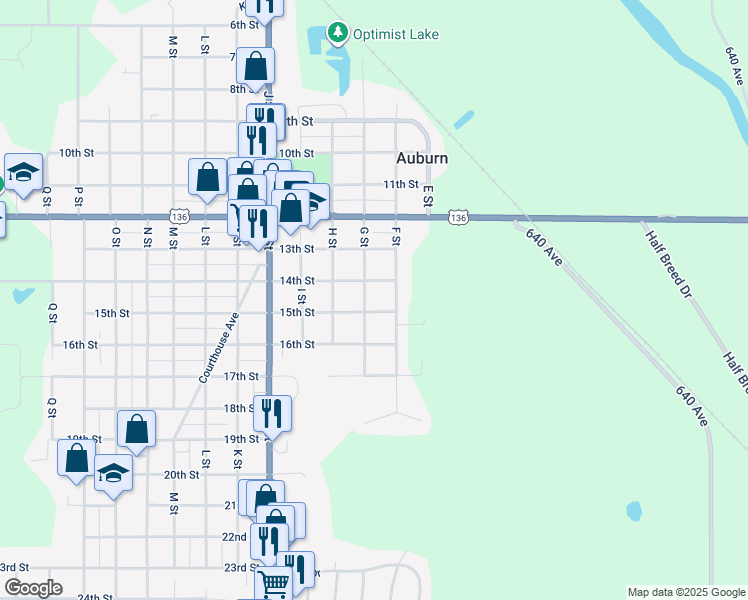 map of restaurants, bars, coffee shops, grocery stores, and more near 703 14th Street in Auburn