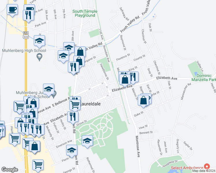 map of restaurants, bars, coffee shops, grocery stores, and more near 1415 Park Place in Laureldale