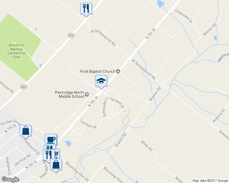 map of restaurants, bars, coffee shops, grocery stores, and more near 46 Greenleaf Circle in Perkasie