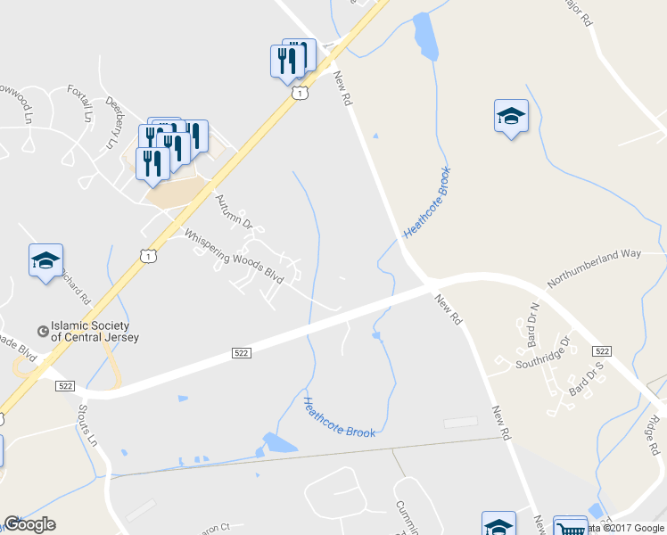 map of restaurants, bars, coffee shops, grocery stores, and more near 7122 Elm Court in South Brunswick Township