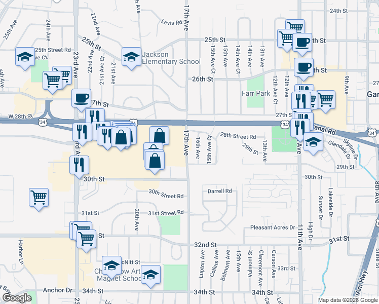 map of restaurants, bars, coffee shops, grocery stores, and more near 2845 16th Avenue in Greeley