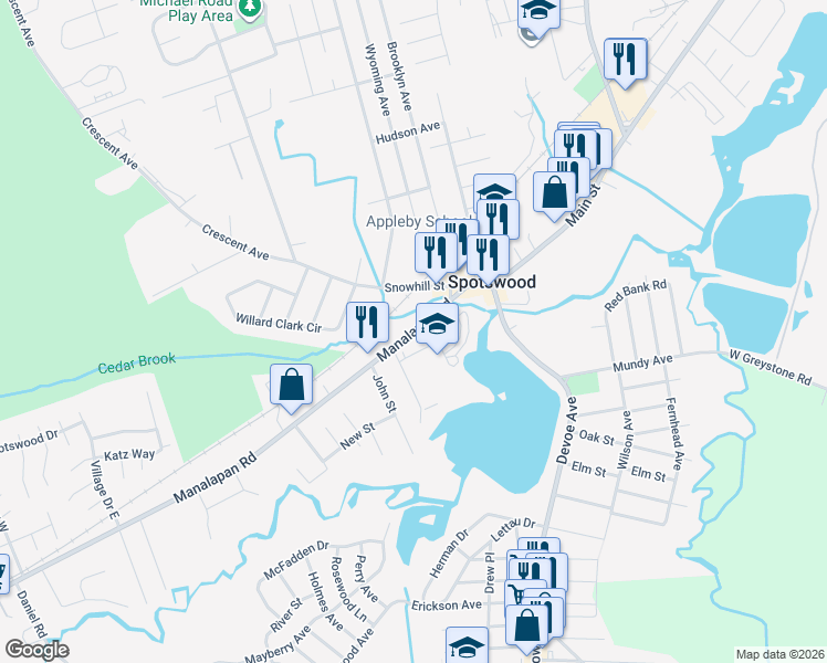 map of restaurants, bars, coffee shops, grocery stores, and more near 60 County Road 615 in Spotswood