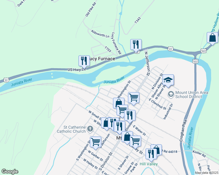 map of restaurants, bars, coffee shops, grocery stores, and more near 321 Lawrence Street in Mount Union