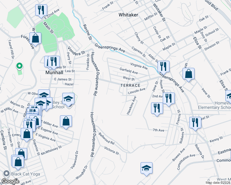 map of restaurants, bars, coffee shops, grocery stores, and more near 3120 Mary Street in West Mifflin