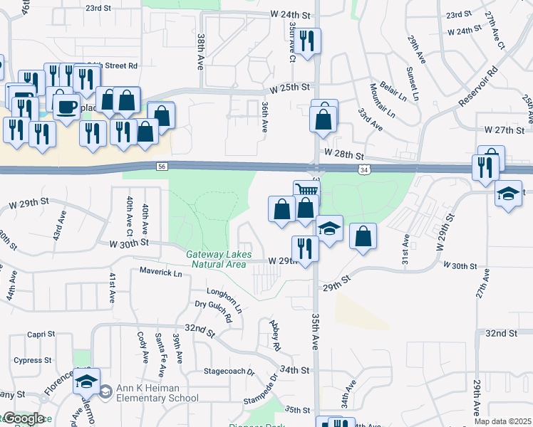 map of restaurants, bars, coffee shops, grocery stores, and more near 2815 28th Street Road in Greeley