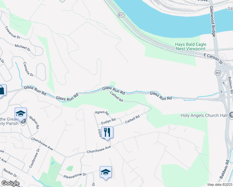 map of restaurants, bars, coffee shops, grocery stores, and more near 542 Glass Run Road in Pittsburgh