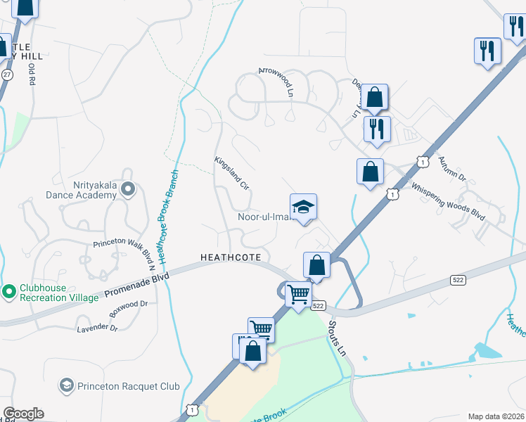map of restaurants, bars, coffee shops, grocery stores, and more near 78 Kingsland Circle in South Brunswick Township