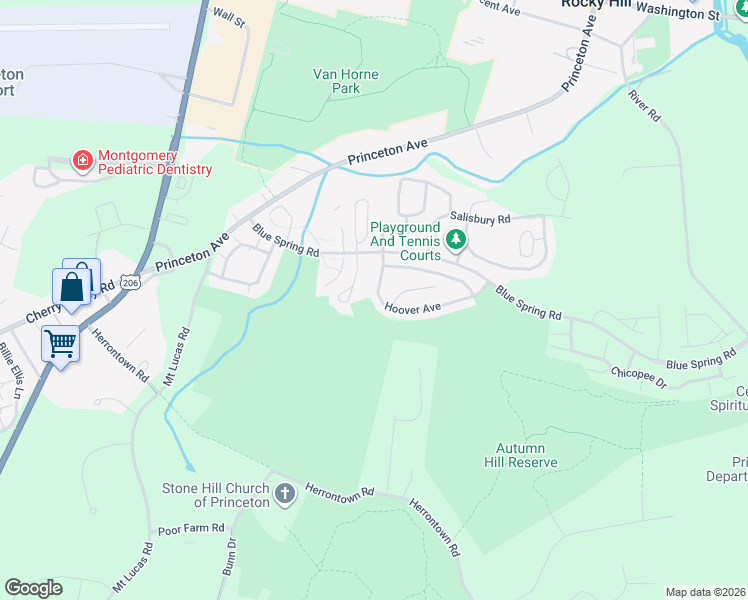 map of restaurants, bars, coffee shops, grocery stores, and more near 56 Manor Drive in Princeton