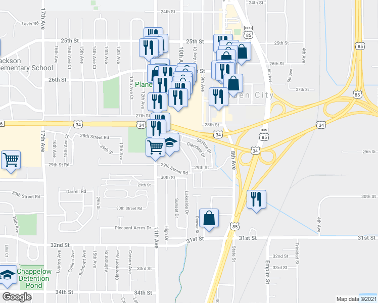 map of restaurants, bars, coffee shops, grocery stores, and more near 2934 Glendale Drive in Evans