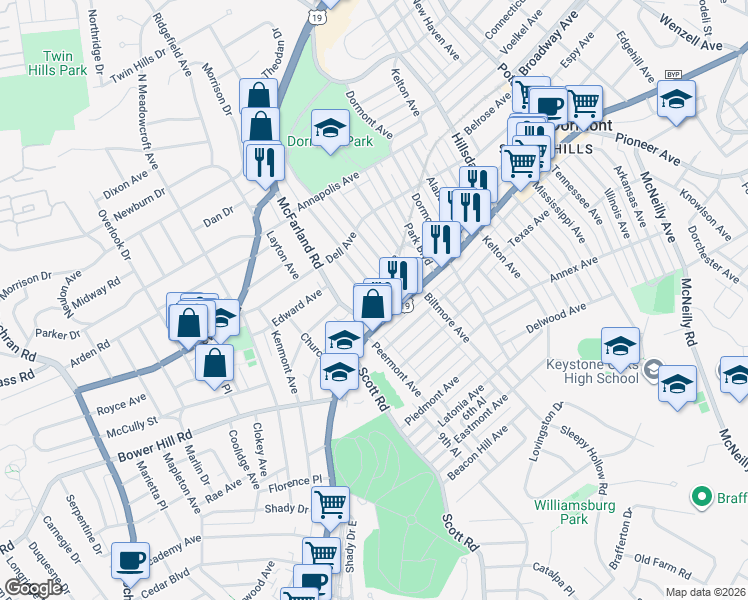 map of restaurants, bars, coffee shops, grocery stores, and more near in Dormont