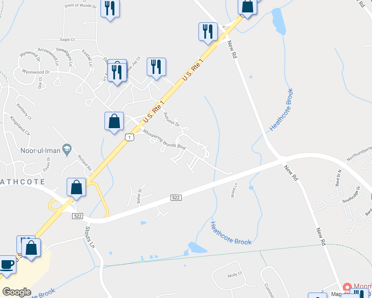 map of restaurants, bars, coffee shops, grocery stores, and more near Whispering Woods Blvd & Cypress Ct in South Brunswick Township