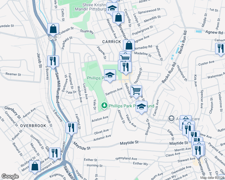 map of restaurants, bars, coffee shops, grocery stores, and more near 204 Santron Avenue in Pittsburgh
