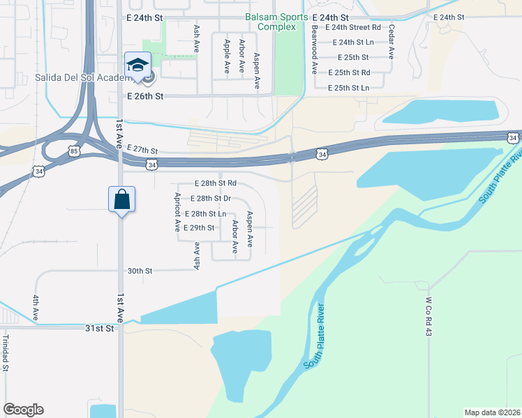 map of restaurants, bars, coffee shops, grocery stores, and more near 2828 Avocado Avenue in Greeley