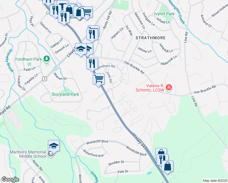 map of restaurants, bars, coffee shops, grocery stores, and more near 265 Gloucester Court in Matawan