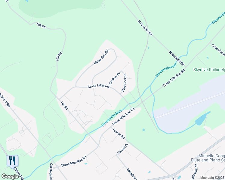 map of restaurants, bars, coffee shops, grocery stores, and more near 8 Stone Edge Road in Sellersville