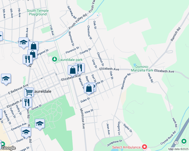 map of restaurants, bars, coffee shops, grocery stores, and more near 1808 Elizabeth Avenue in Laureldale
