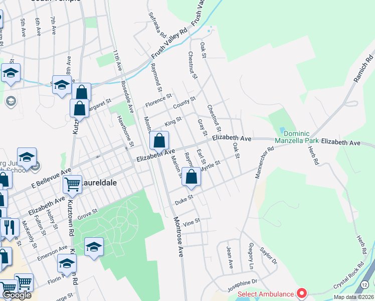 map of restaurants, bars, coffee shops, grocery stores, and more near 1701 Elizabeth Avenue in Laureldale