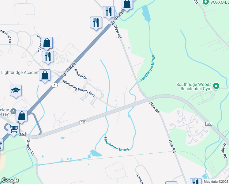 map of restaurants, bars, coffee shops, grocery stores, and more near 7123 Elm Court in South Brunswick Township