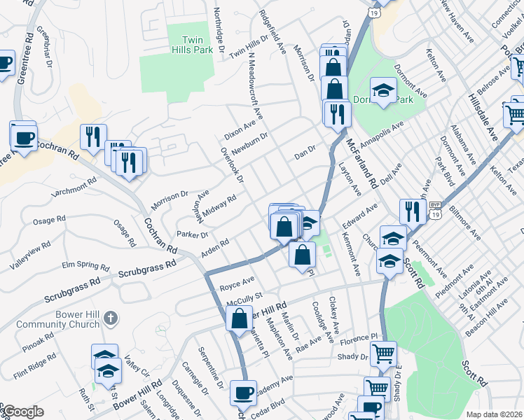 map of restaurants, bars, coffee shops, grocery stores, and more near 220 Overlook Drive in Pittsburgh