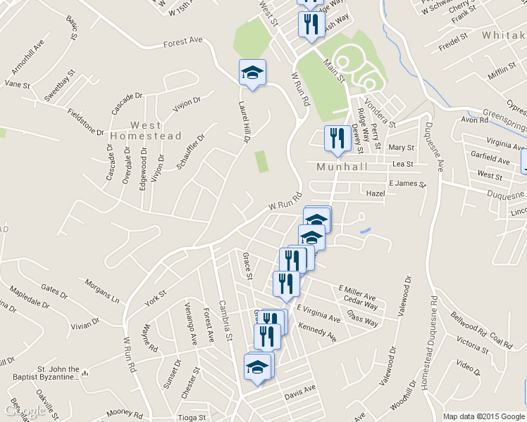 map of restaurants, bars, coffee shops, grocery stores, and more near 3199 W Run Rd in Munhall