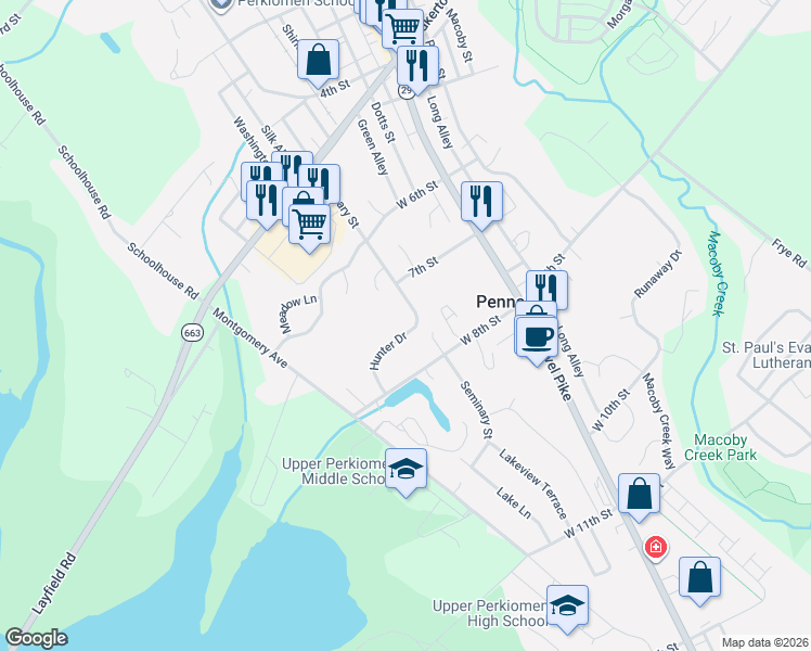 map of restaurants, bars, coffee shops, grocery stores, and more near 741 Seminary Street in Pennsburg