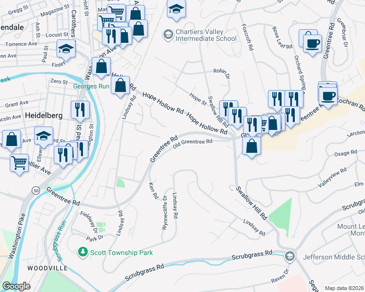 map of restaurants, bars, coffee shops, grocery stores, and more near 2340 Old Greentree Road in Carnegie