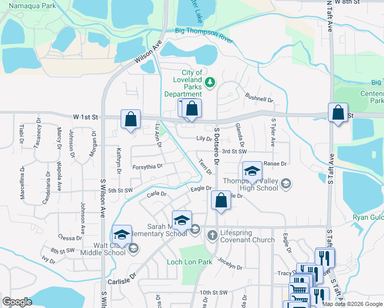 map of restaurants, bars, coffee shops, grocery stores, and more near 2229 3rd Street Southwest in Loveland