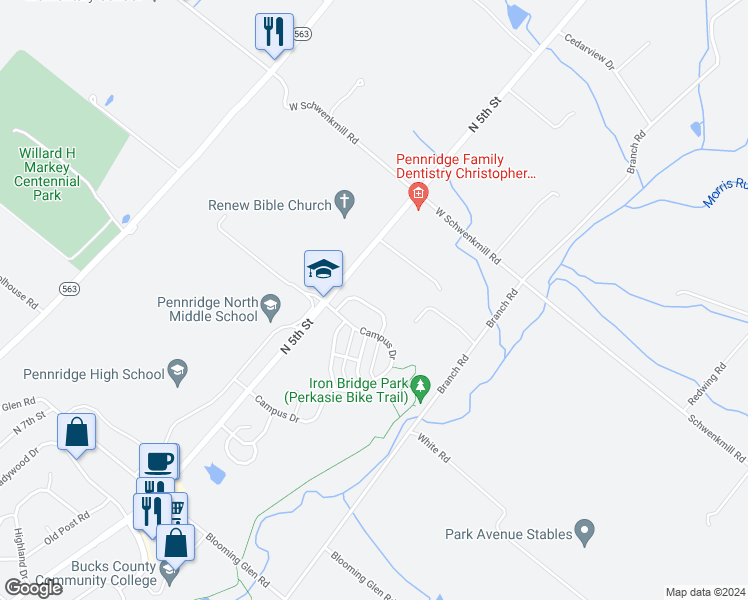 map of restaurants, bars, coffee shops, grocery stores, and more near 26 Greenleaf Circle in Perkasie