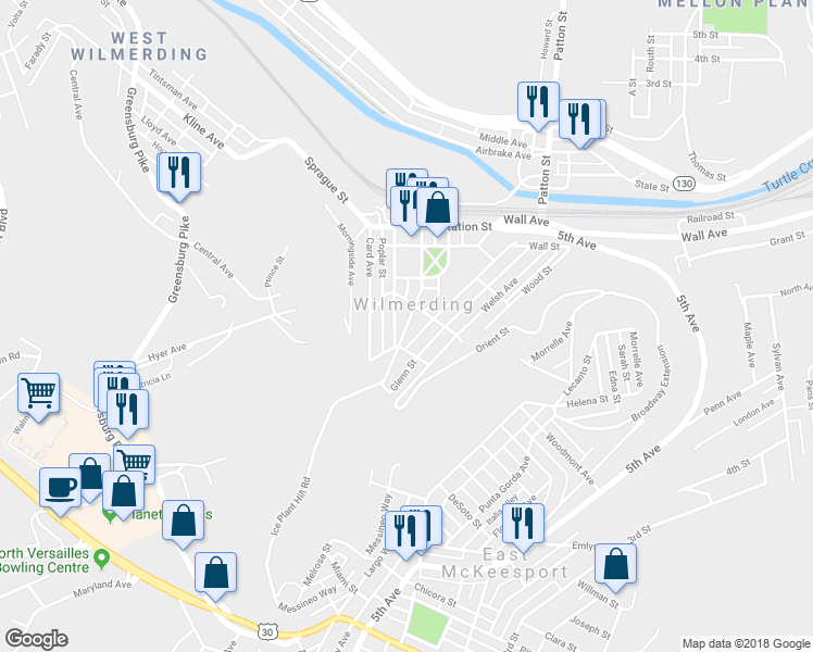 map of restaurants, bars, coffee shops, grocery stores, and more near 419 Westinghouse Avenue in Wilmerding
